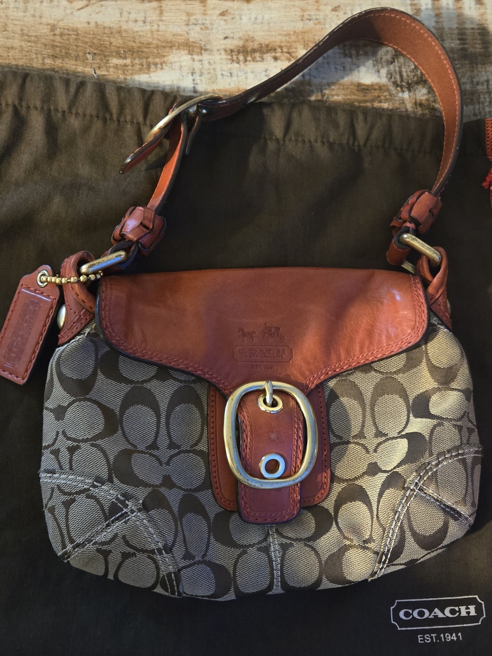 Coach Brown Signature Canvas and Rust Leather Shoulder Bag
